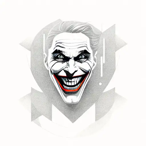 A geometric design featuring the Joker's iconic smile intertwined with Atlanta's cityscape tattoo design idea