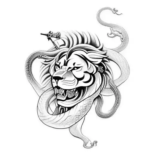 snake on a sword, lion, stopwatch, and skull tattoo design idea