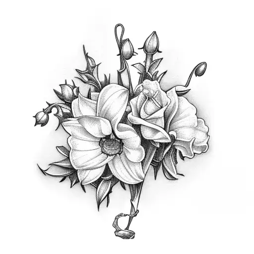 cross with the following flowers daffodil, daisy, sweet pea, lily of the valley, rose, holly tattoo design idea