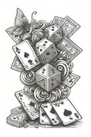IJWI text tattoo, shading in background, dice and cards tattoo design idea
