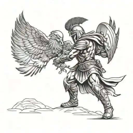 Spartan warrior facing off against a fierce eagle in a dynamic battle scene tattoo design idea