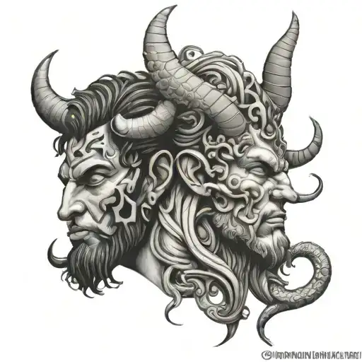 medusa half face and under of it minotaur half face both same size  tattoo design idea