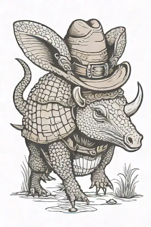 armadillo wearing cowboy hat with a desert landscape tattoo design idea