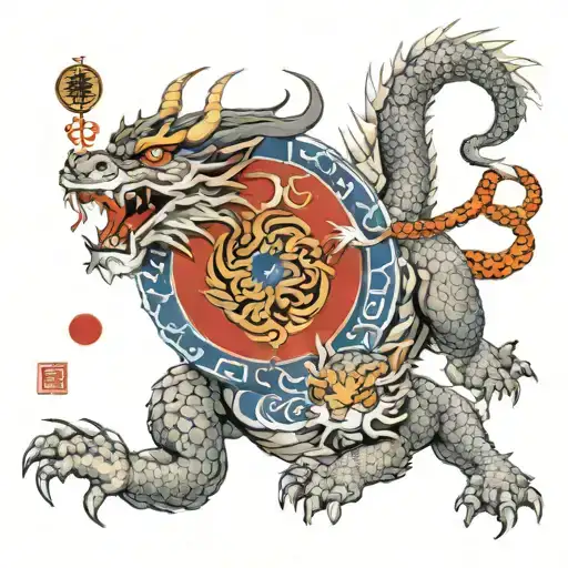 dragon with tiger and Chinese iogryphs tattoo design idea