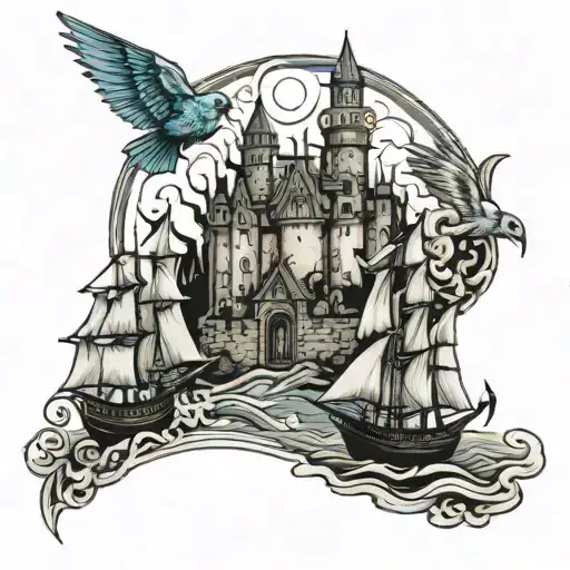 three ships sailing towards a burning castle with a bird watching on. tattoo design idea