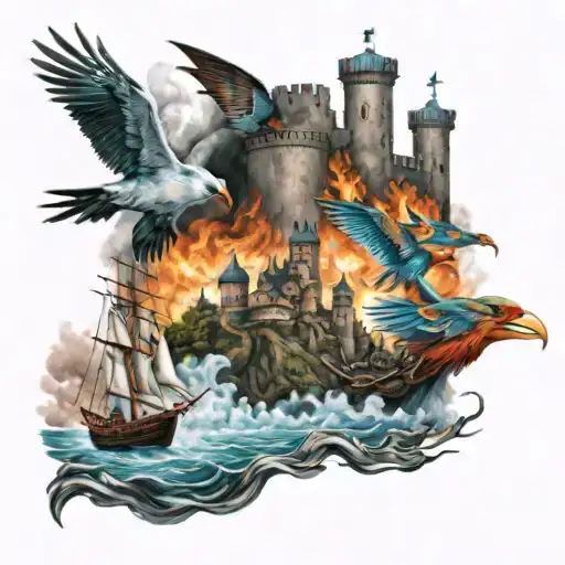 three ships sailing towards a burning castle with a bird watching on. tattoo design idea
