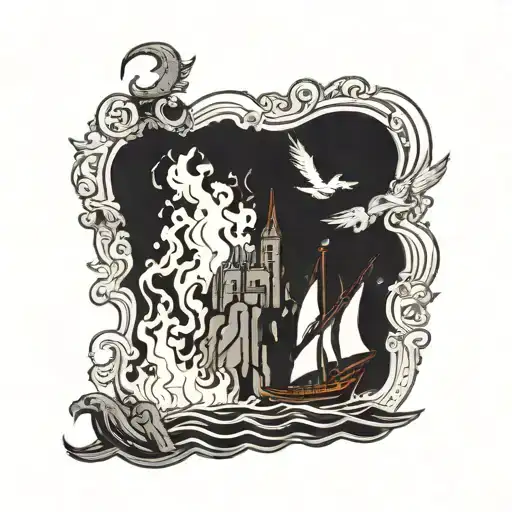 Three ships sailing towards a burning castle with a liverbird watching on from a rock. tattoo design idea