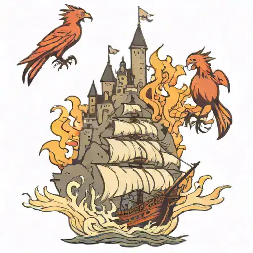 three ships sailing towards a burning castle with a liverbird watching on. tattoo design idea