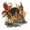 Three ships sailing towards a burning castle with a liverbird watching on from a rock. tattoo design idea