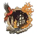 Three ships sailing towards a burning castle with a liverbird watching on from a rock. tattoo design idea