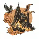 Three ships sailing towards a burning castle with a liverbird watching on from a rock. tattoo design idea