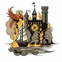 Three ships sailing towards a burning castle with a liverbird watching on from a rock. tattoo design idea