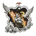 Three ships sailing towards a burning castle with a liverbird watching on from a rock. tattoo design idea