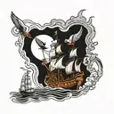 Three ships sailing towards a burning castle with a liverbird watching on from a rock. tattoo design idea