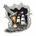 Three ships sailing towards a burning castle with a liverbird watching on from a rock. tattoo design idea