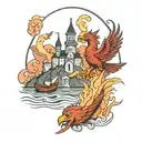 three ships sailing towards a burning castle with a liverbird watching on. tattoo design idea