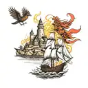 three ships sailing towards a burning castle with a liverbird watching on. tattoo design idea