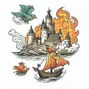 three ships sailing towards a burning castle with a liverbird watching on. tattoo design idea
