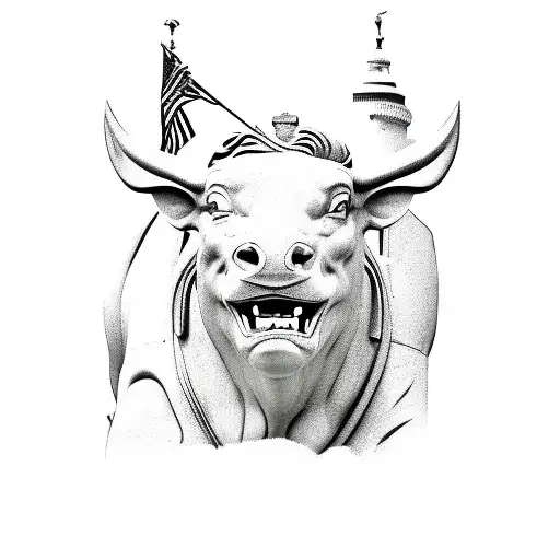  iconic charging Wall st bull statue, NYC wall street background, fish eye lense, Patrick brown, forced perspective.  tattoo design idea