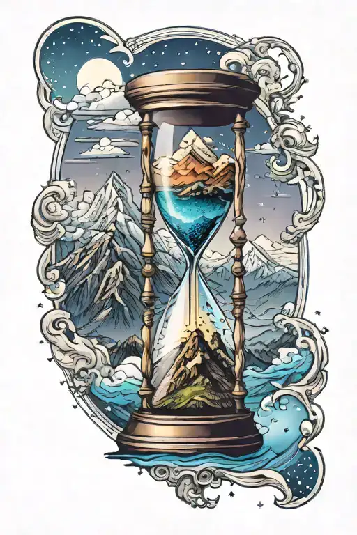 hourglass with stars on top half fading into mountains on bottom half tattoo design idea