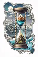hourglass with stars on top half fading into mountains on bottom half tattoo design idea