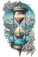 hourglass with stars on top half fading into mountains on bottom half tattoo design idea