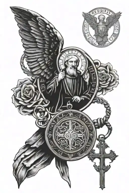 saint benedict medal with angel tattoo design idea