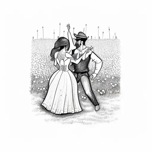 A sketch of a Forró couple dancing in a field of flowers tattoo design idea