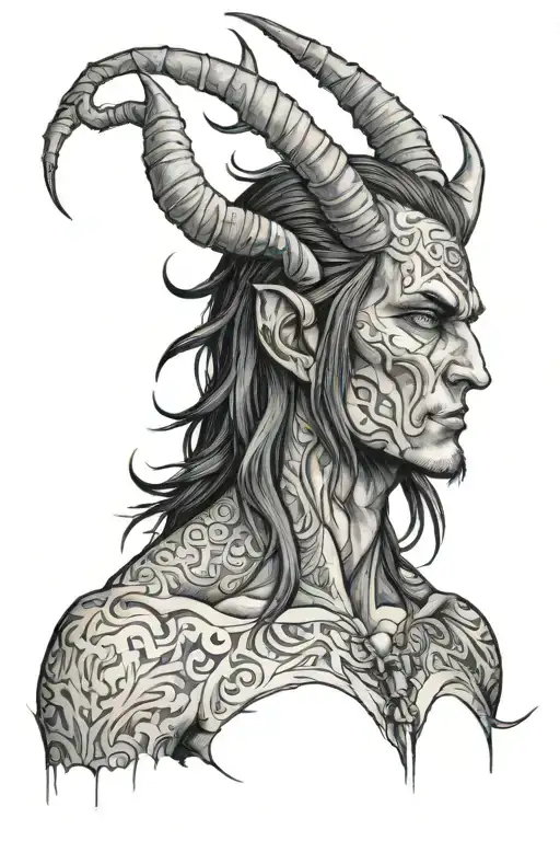 gorgeous evil man with scars, long hair, horns and bare torso tattoo design idea