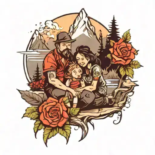 mountains family two kids playing tattoo design idea