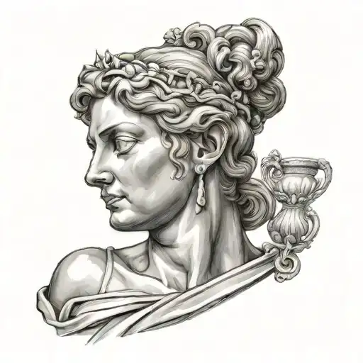 Tattoo on a woman's shoulder from the elbow with a portrait of a sculpture of David. Greek mythology, art, graphics tattoo design idea