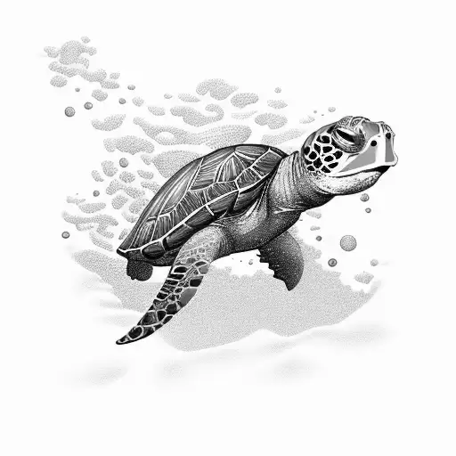 An intricate scuba diving scene with a majestic turtle and a curious seahorse tattoo design idea