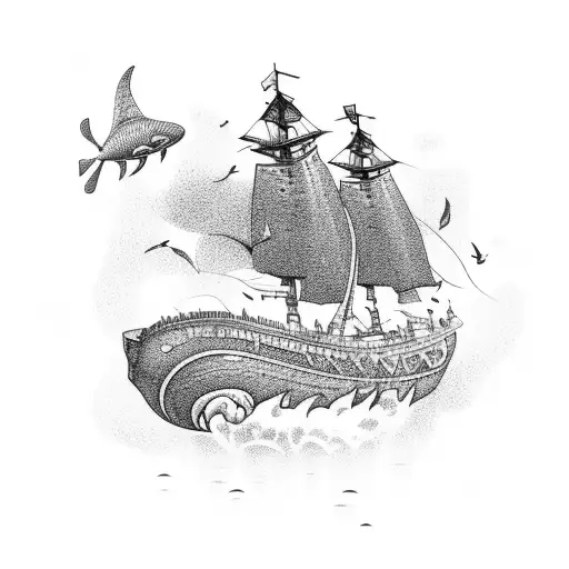 An intricate underwater scene with various sea creatures and a coastguard ship in the background tattoo design idea