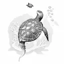 An intricate scuba diving scene with a majestic turtle and a curious seahorse tattoo design idea