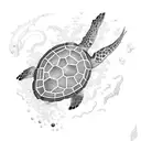 An intricate scuba diving scene with a majestic turtle and a curious seahorse tattoo design idea