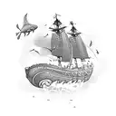 An intricate underwater scene with various sea creatures and a coastguard ship in the background tattoo design idea