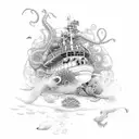An intricate underwater scene with various sea creatures and a coastguard ship in the background tattoo design idea
