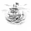 An intricate underwater scene with various sea creatures and a coastguard ship in the background tattoo design idea