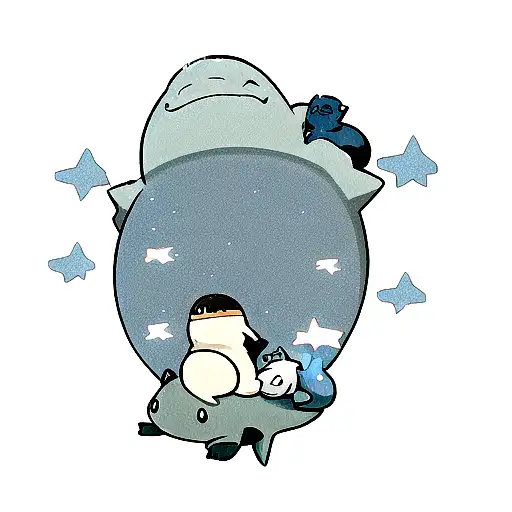Snorlax floating next to a lapras. On lapras' back is charmander, squirtle, and bulbasuar  tattoo design idea