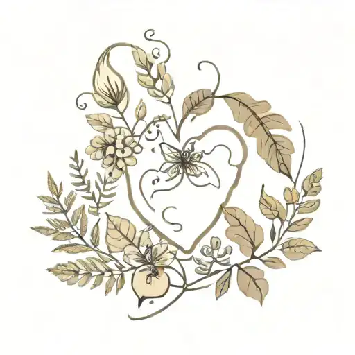 cottagecore heart with acorns mushrooms and ferns tattoo design idea