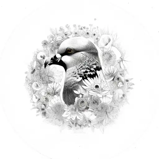 head of a pigeon in a circle of flowers tattoo design idea