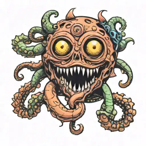 dungeons and dragons beholder holding a d4 in its tentacle tattoo design idea