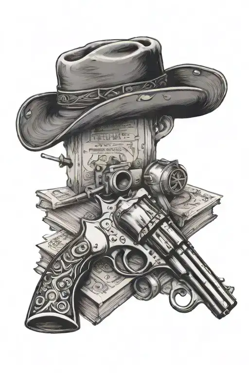 cowboy hat books western revolver tattoo design idea