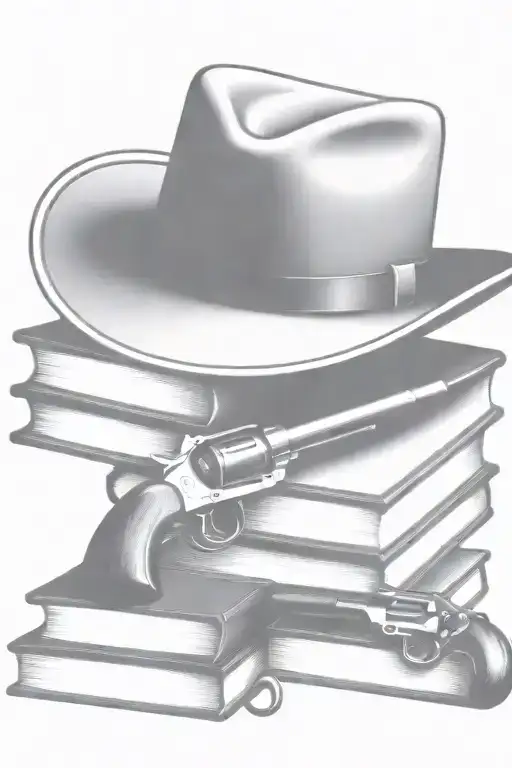 western cowboy hat, books, old revolver civil war  tattoo design idea