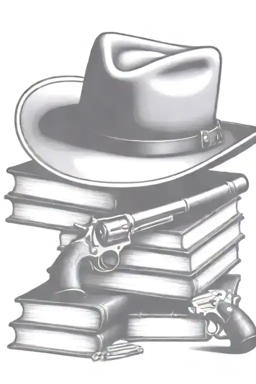 western cowboy hat, books, old revolver  tattoo design idea
