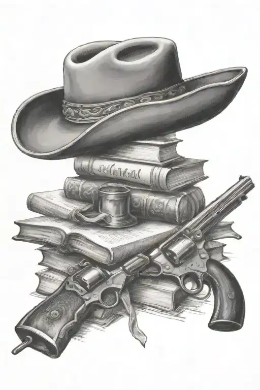 cowboy hat, books, old revolver tattoo design idea
