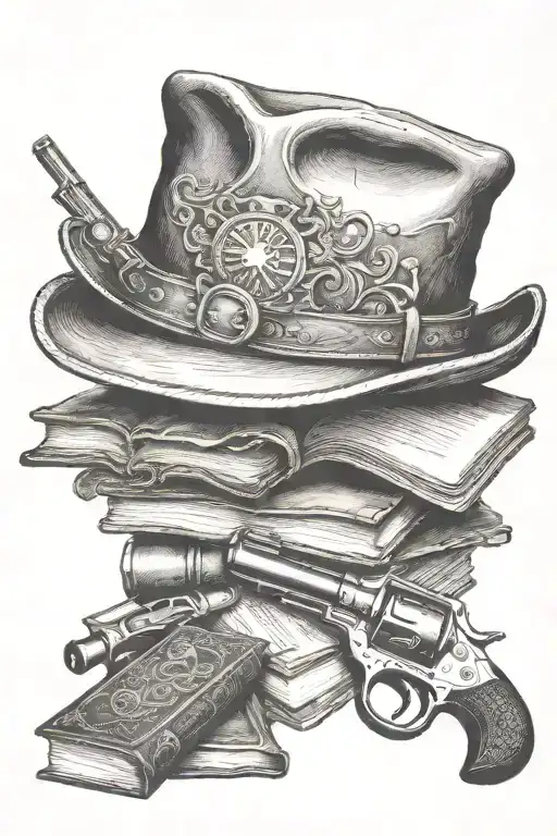 cowboy hat, books, old revolver  tattoo design idea