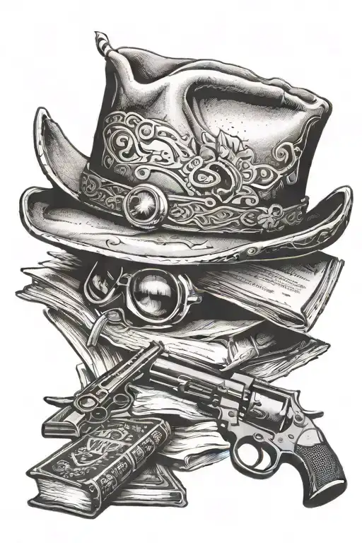 cowboy hat, books, old revolver  tattoo design idea