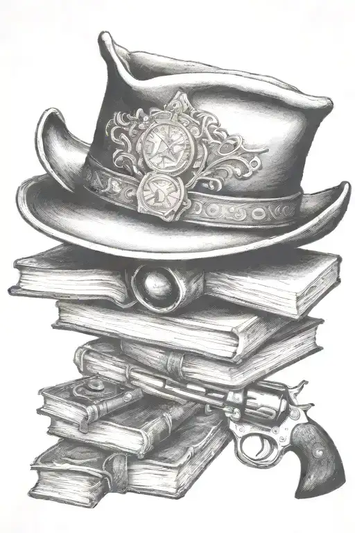 western cowboy hat, books, old revolver  tattoo design idea