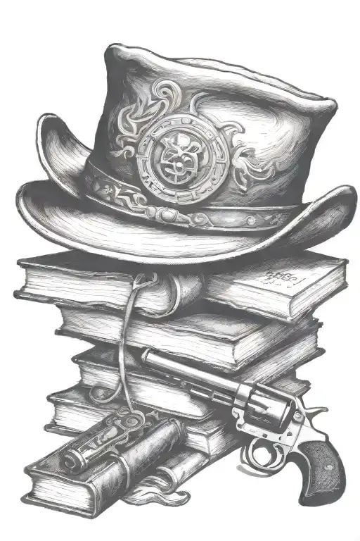western cowboy hat, books, old revolver  tattoo design idea